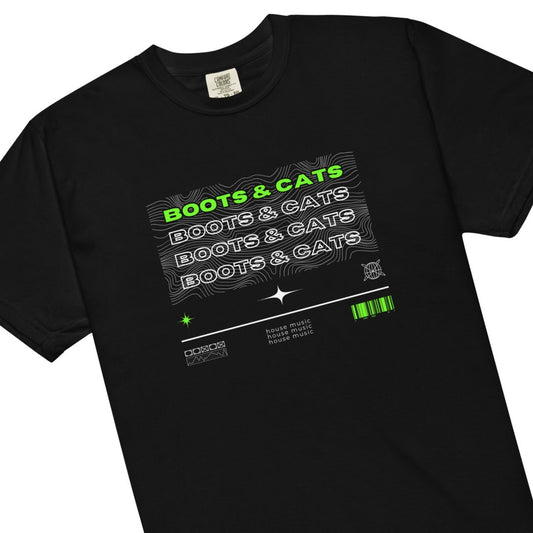 boots and cats house music neon green men’s unisex comfort colors heavyweight t-shirt | edm merch rave outfits for men comfy rave wear